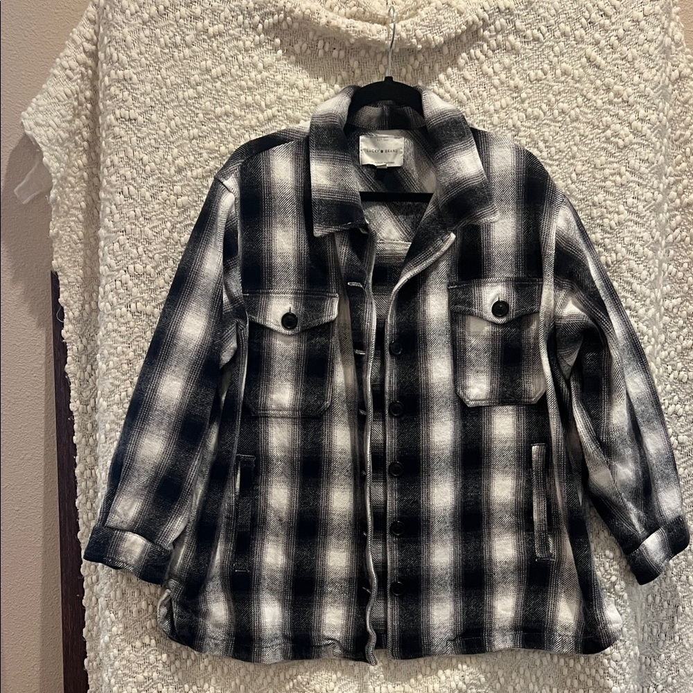 Lucky Brand Women’s Plaid Shirt Jacket Cotton Button Front Shacket Black White